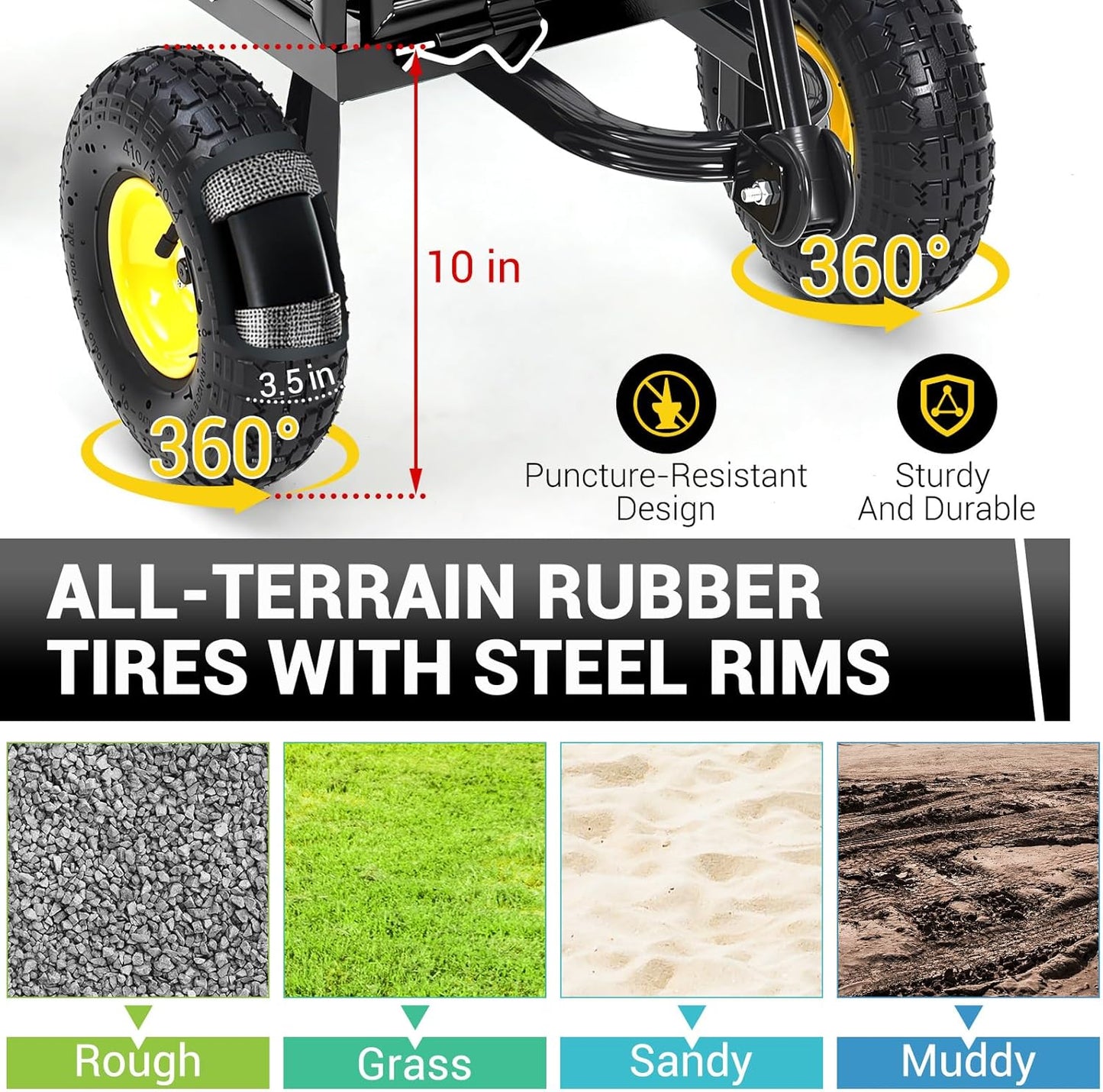 Heavy Duty Steel Garden Cart, 900 LBS 3 in 1 Pullable Metal Garden Wagon with 10" Wheels, 180° Rotating Handle and Removable Sides for Farm, Yard