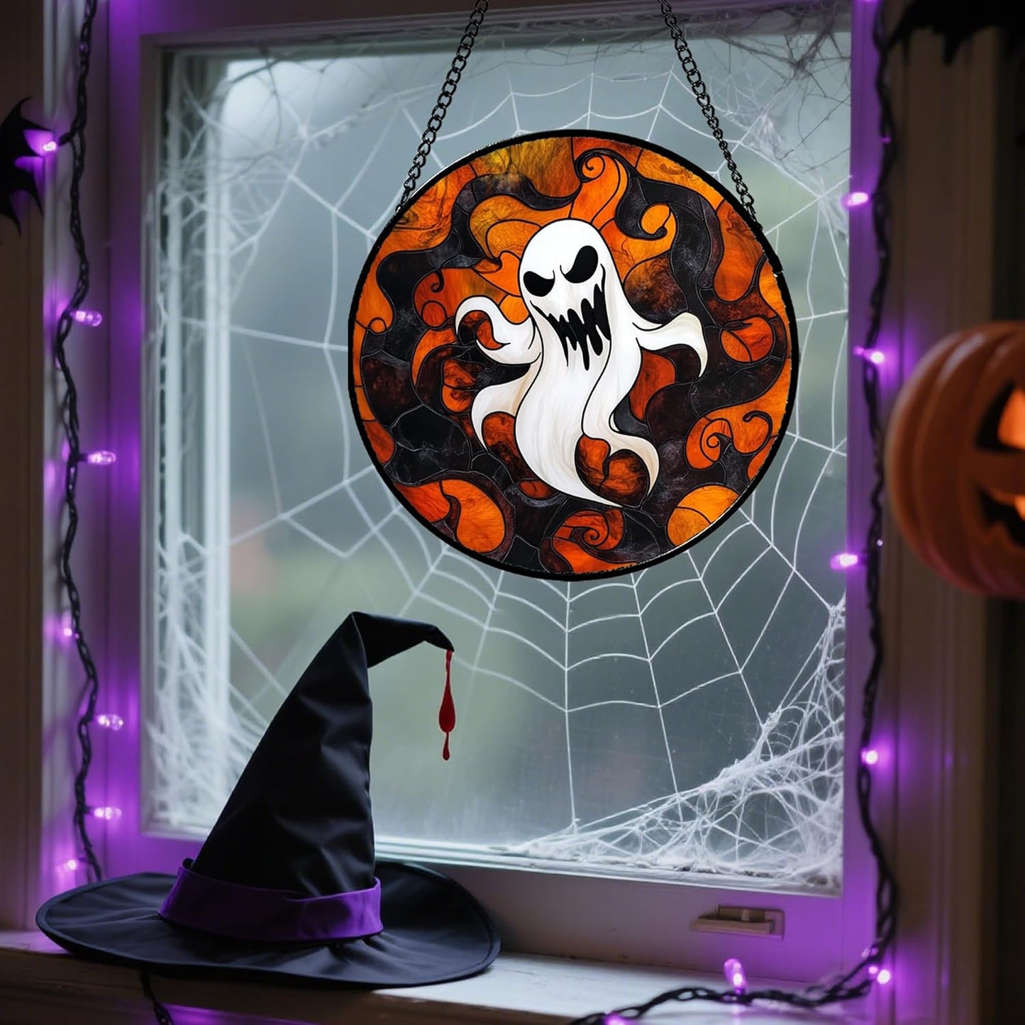 Stained Glass Window Hanging - Halloween White Ghost Suncatcher for Doors Window Garden Indoor Spooky Funny Orange Sun Catchers Gothic Decor Horror Gifts for Women Men Friend 7.8 in