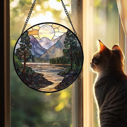 Stained Glass Window Hanging, Sunset Mountains Lake Tree Sun Catcher for Window Home Decor Landscape Suncatcher Mother's Day Birthday Gifts for Women Men Mom and Nana 6.3 in
