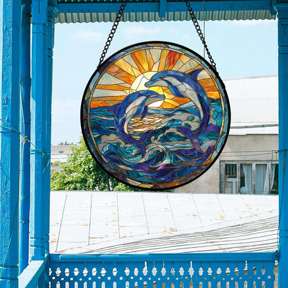 Stained Glass Window Hanging, Blue Dolphin Sun Catchers Colorful Glass Panel Sunrise Sea View Suncatcher Decor for Birthday for Women, Men, Wife, Aunt, and Mom 14.9x14.9 in
