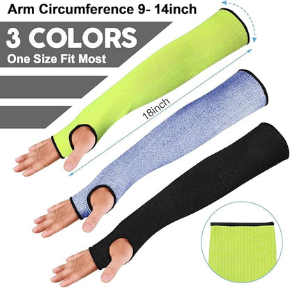JaGely 6 Pairs Level 5 Cut Resistant Sleeves with Thumb Hole 18 Inches Arm Protection Sleeve Farmer Gardening (Black,Blue,Green)