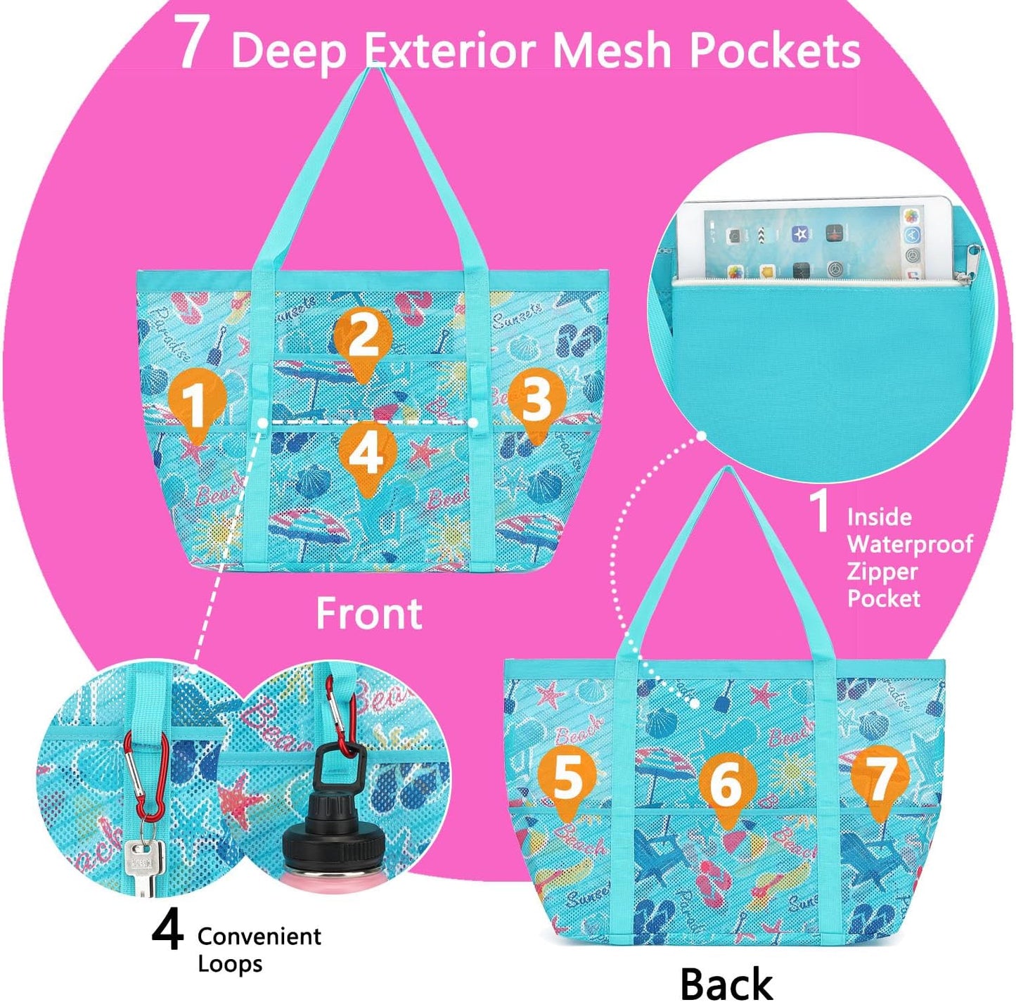 Mesh Beach Bag, Large Beach Tote with Zipper Pocket for Family Pool Bag for Toys & Vacation Essentials