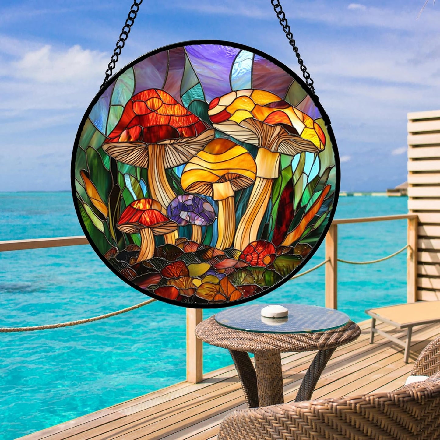 Stained Glass Window Hanging, Jungle Mushrooms Sun Catchers Diamond Glass Panel Hangings Plant Suncatcher Decor for Birthday for Women, Men, Wife, Aunt, and Mom 14.9x14.9 in