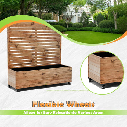 Metal Raised Garden Bed with Trellis, 2-in-1 Planter Box & Privacy Screen for Climbing Plants, Outdoor Standing Flower Bed with Drainage Holes, 47.2" L x 16.7" W x 70.8" H, Natural Wood Grain