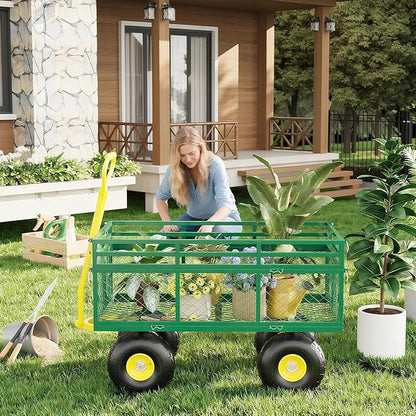 Metal Wagon - 1400lbs Garden Cart with 10" Multi-Terrain Tires, 4 Removable Mesh Sides & 180° Swivel Handle, Yard Wagon Cart for Lawn, Yard, Patio Gardening