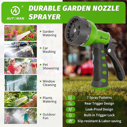 AUTOMAN-Garden-Hose-Nozzle,ABS Water Spray Nozzle with Heavy Duty 7 Adjustable Watering Patterns,Slip Resistant for Watering Plants,Lawn& Garden,Washing Cars,Cleaning,Showering Pets - Green