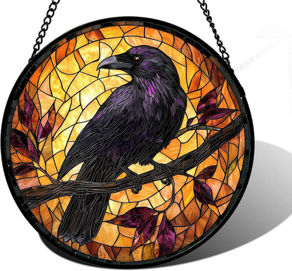 Stained Glass Window Hanging - Crow on a Branch Suncatcher Ready to Hang Window Doors Home Decoration and Christmas, Mother's Day Birthday Gifts for Women, Men, and Mom 9.8x9.8 in