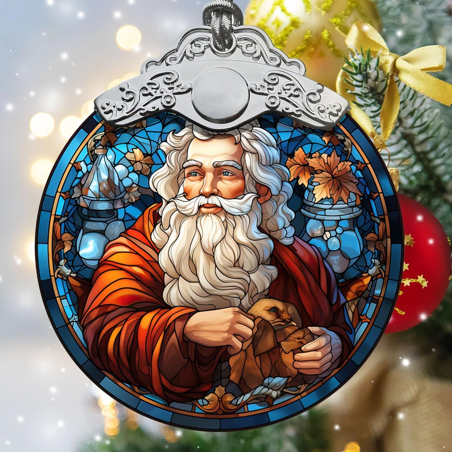 Santa Stained Glass Ornament for Xmas, Retro Style Funny Santa Claus Hanging Decor