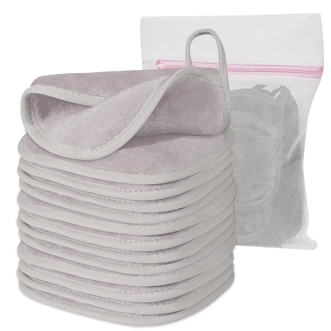 Makeup Remover Cloth, 6" x 6" Make Up Towels Reusable Face Cloth for Washing Face, 12 Pack Makeup Remover Pads Microfiber Face Washcloth with Mesh Bag, Light Grey