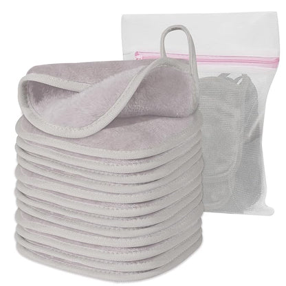 Makeup Remover Cloth, 6" x 6" Make Up Towels Reusable Face Cloth for Washing Face, 12 Pack Makeup Remover Pads Microfiber Face Washcloth with Mesh Bag, Light Grey
