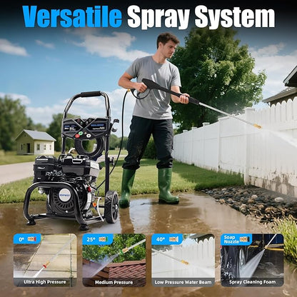 3500 PSI Gas Pressure Washer, 2.3 GPM – Heavy Duty High Power with 209CC 7HP Engine, 25Ft Pressure Hose, Axial Aluminum Pump, Soap Tank, 4 Quick Connect Nozzles (Black)