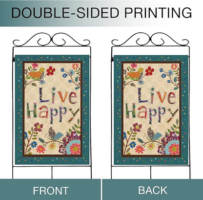 Hzppyz Live Happy Decorative Large House Flag Flower Bird, Spring Summer Inspirational Quote Garden Yard Outdoor Butterfly Decor Double Sided, Fall Positive Farmhouse Outside Burlap Decoration 28 x 40