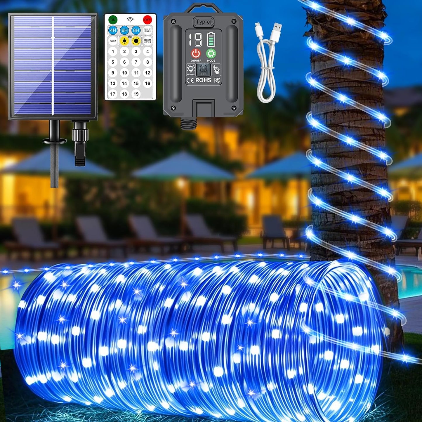 New Upgraded Solar Rope Lights for Outside Waterproof 500 LED 170ft 19 Modes Solar String Lights with Remote Timer Dimmable USB Rechargeable Tube Light for Yard Pool Christmas Decoration (500LED-Blue)