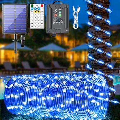 New Upgraded Solar Rope Lights for Outside Waterproof 500 LED 170ft 19 Modes Solar String Lights with Remote Timer Dimmable USB Rechargeable Tube Light for Yard Pool Christmas Decoration (500LED-Blue)
