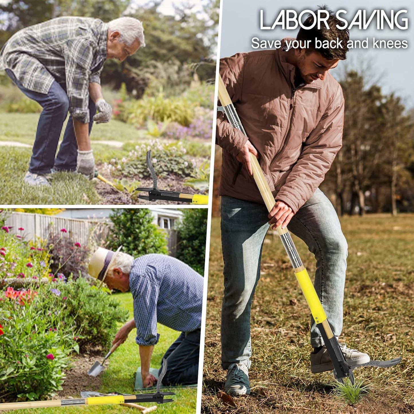 Weed Puller Tool with Long Handle,44'' Heavy Duty 4-Claw Stand Up Garden Weeding Tool-Double Weeding Technique,Weed Remover Tool That not Body Bending（Ergonomic）