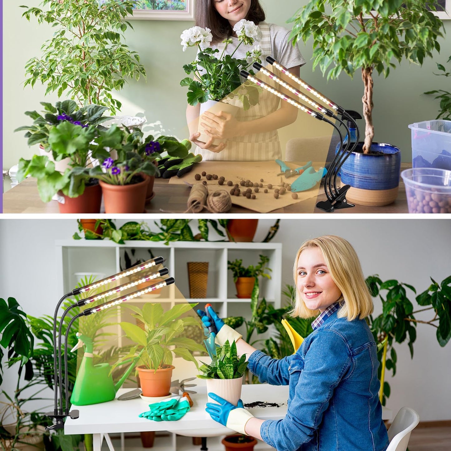 3head Plant Lights, 2Pack Grow Lights for Seed Starting, Full Spectrum Growing Lamps with Clip for Indoor Plants, Auto ON & Off Timer 3/9/12H, 3 Switch Modes, 10-Level Dimmable Brightness