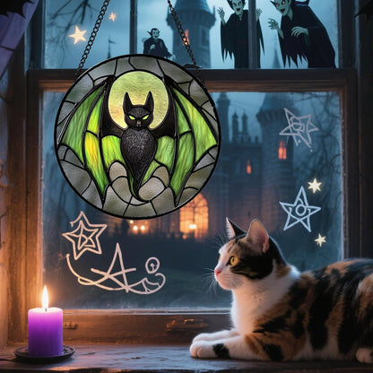 Stained Glass Window Hanging - Halloween Black Bat Green Wings Monster Suncatcher for Doors Garden Home Spooky Sun Catchers Gothic Decor Horror Gift for Women Men Friend Boy Girl 11.8 in