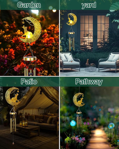 Solar Garden Outdoor Decor, Moon Cat Hanging Wind Chimes, Housewarming Ornament for Patio, Lawn, Yard, Pathway - Unique Gift Ideas for Gardening Mom Grandma Women