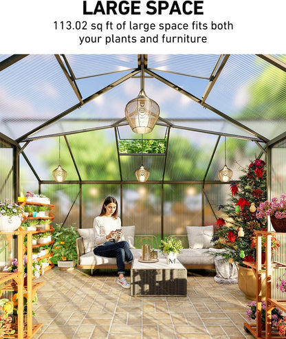 T-Shape Greenhouses, Polycarbonate Green House with UV Protection, Heavy Duty Greenhouse with Windproof Aluminum Frame, Roof Vent & Quick-Install Design for Backyard or Garden Use
