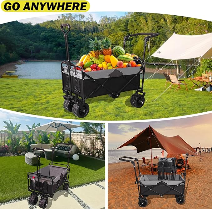 Collapsible Folding Wagon with Extra Push Pull Handle, Heavy Duty Utility Cart with Big All-Terrain Beach Wheels, Large Capacity Folding Garden Wagon for Shopping, Beach, Sports, Outdoor