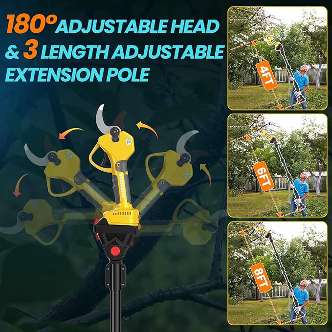 Electric Pruning Shears Cordless 2.0 Inches & Electric Pole Pruner 2-IN-1 with 8ft Pole Reach To 14ft, 2 * 2Ah Battery Pruning Shears, Cordless Pole Pruner Garden Tool for Tree Trimming Branch Cutter
