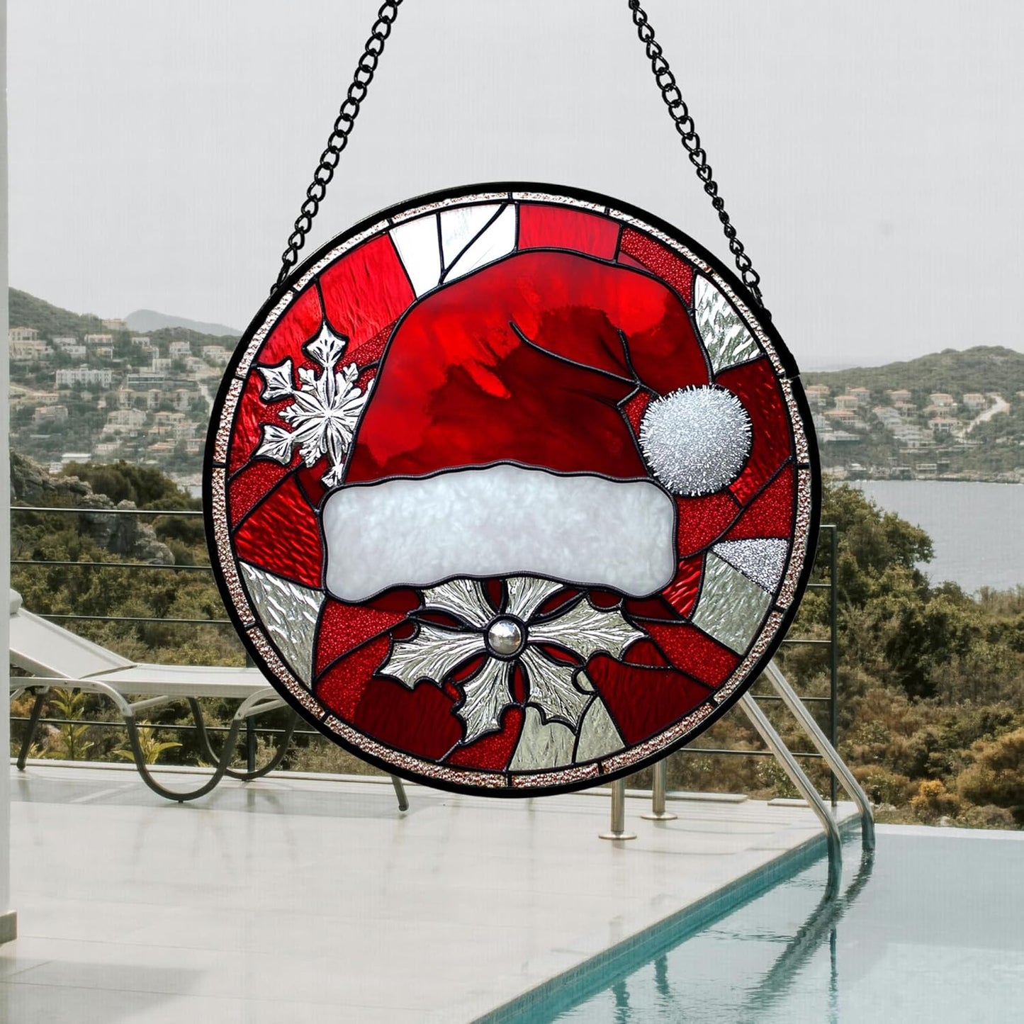 Stained Glass Window Hanging 4 Pcs Set Red Christmas Decorations Theme 7.8" - Suncatcher Door Garden Sun Catcher Decor Birthday for Mom Woman Nana Men Friend Wife