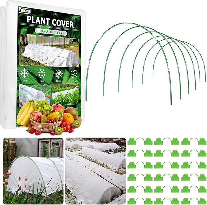 Plant Cover Freeze Protection 10x33ft Garden Hoops Kit for Winter, Fabric Floating Row Cover Frost Cloth Outdoor Plant Blanket for Frost Snow Protection, Greenhouse Garden Tunnel Hoops for Raised Beds