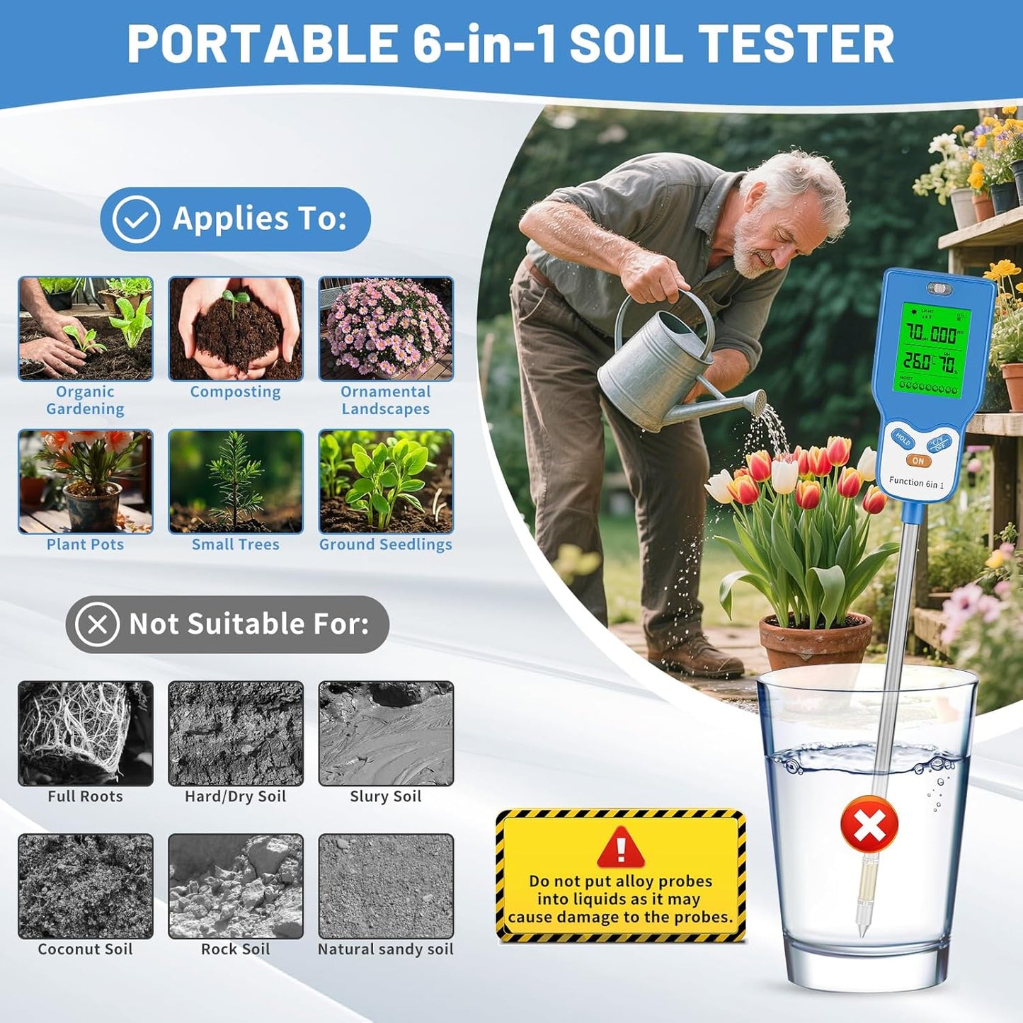 6-in-1 Soil Tester Digital PH Meter/Soil Moisture/Sunlight Intensity/Air Temp & Humidity/Fertility Soil Meter with Backlight LCD Display for Gardening, Farming, Indoor and Outdoor Plants