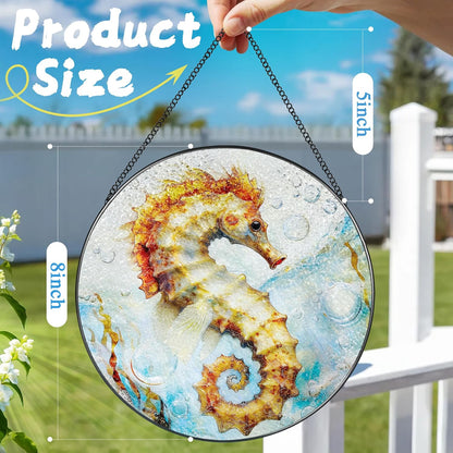 Stained Glass Window Hanging, 8 Inch Seahorse Sun Catcher Decor, Stained Glass Ornament, Suncatchers for Windows Hanging, Window Decor, Seahorse Gifts, Gifts for Ocean Lovers