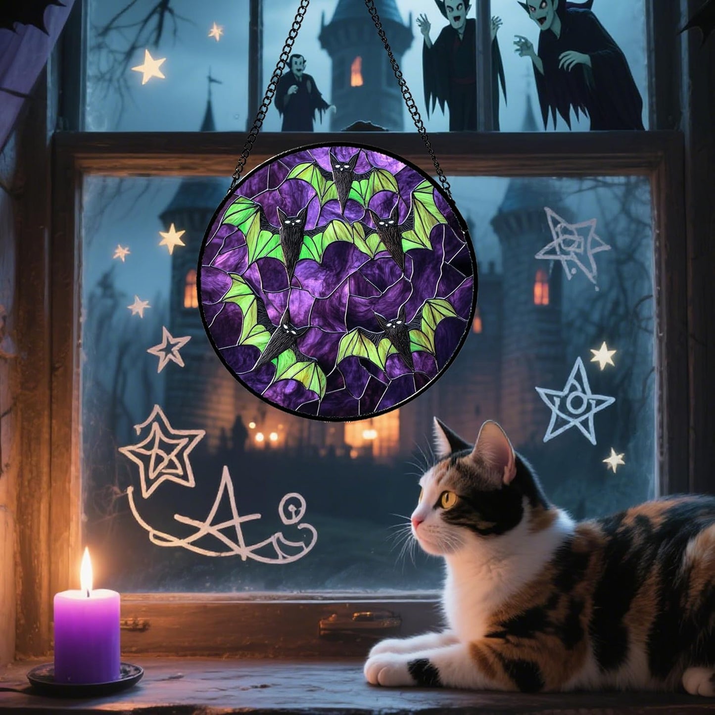 Stained Glass Window Hanging - Halloween Decorations Black Bat with Green Wings Suncatcher for Doors Garden Indoor Spooky Sun Catchers Gothic Decor Horror Gifts for Women Men Friend 11.8 in