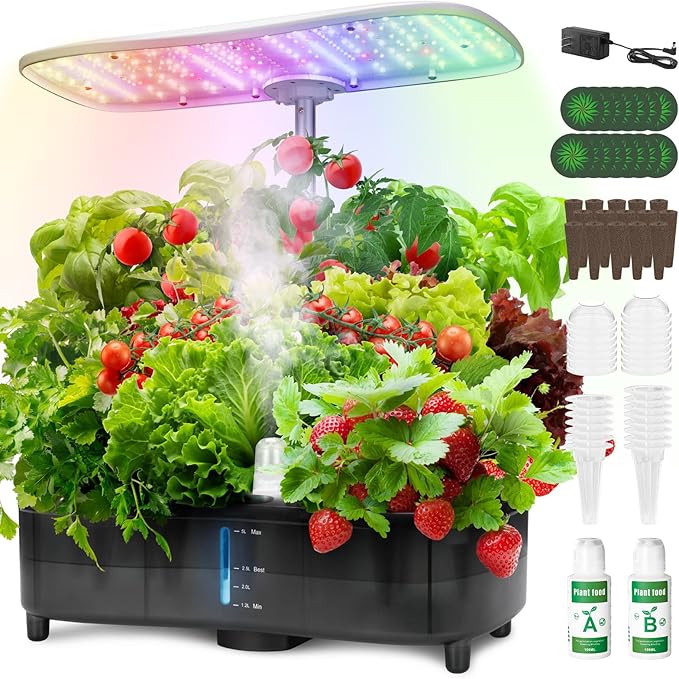 Kingsyard Smart Hydroponics LED, 48W Indoor Garden Grow System, Visible 5L Tank Quiet Pump Auto Timer Kit 15 Pods Herb Seed Starter for Veggies & Salad Greens Plants