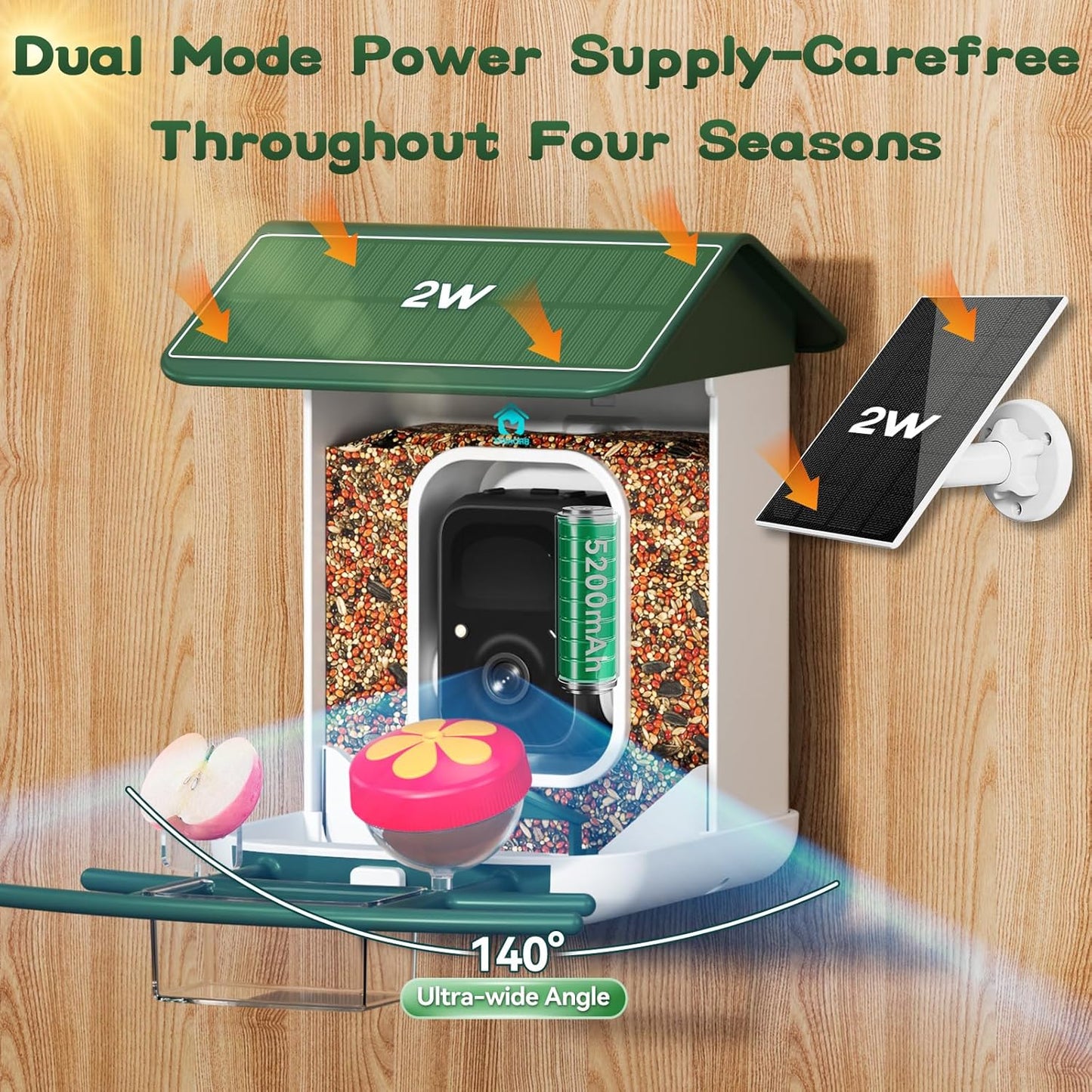 Smart Bird Feeder with Camera-AI Identify 11,000+ Species, 2K HD Auto Capture Birds Video & 64G TF Card, Solar-Powered Wireless Outdoor Design, Birdhouse with Built-in Two-Way Microphone