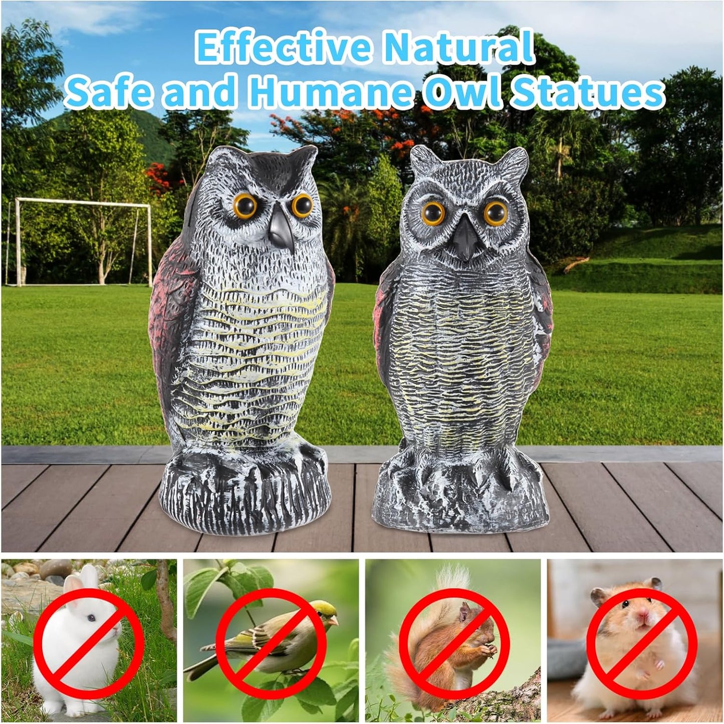 Hedoc 2 Pack Fake Owl Decoys to Scare Birds Away, Great Horned Owl Bird Deterrents, Nature Scarecrow Plastic Pest Repellent, Garden Decor and Yard Decoration for Gardens and Rooftops