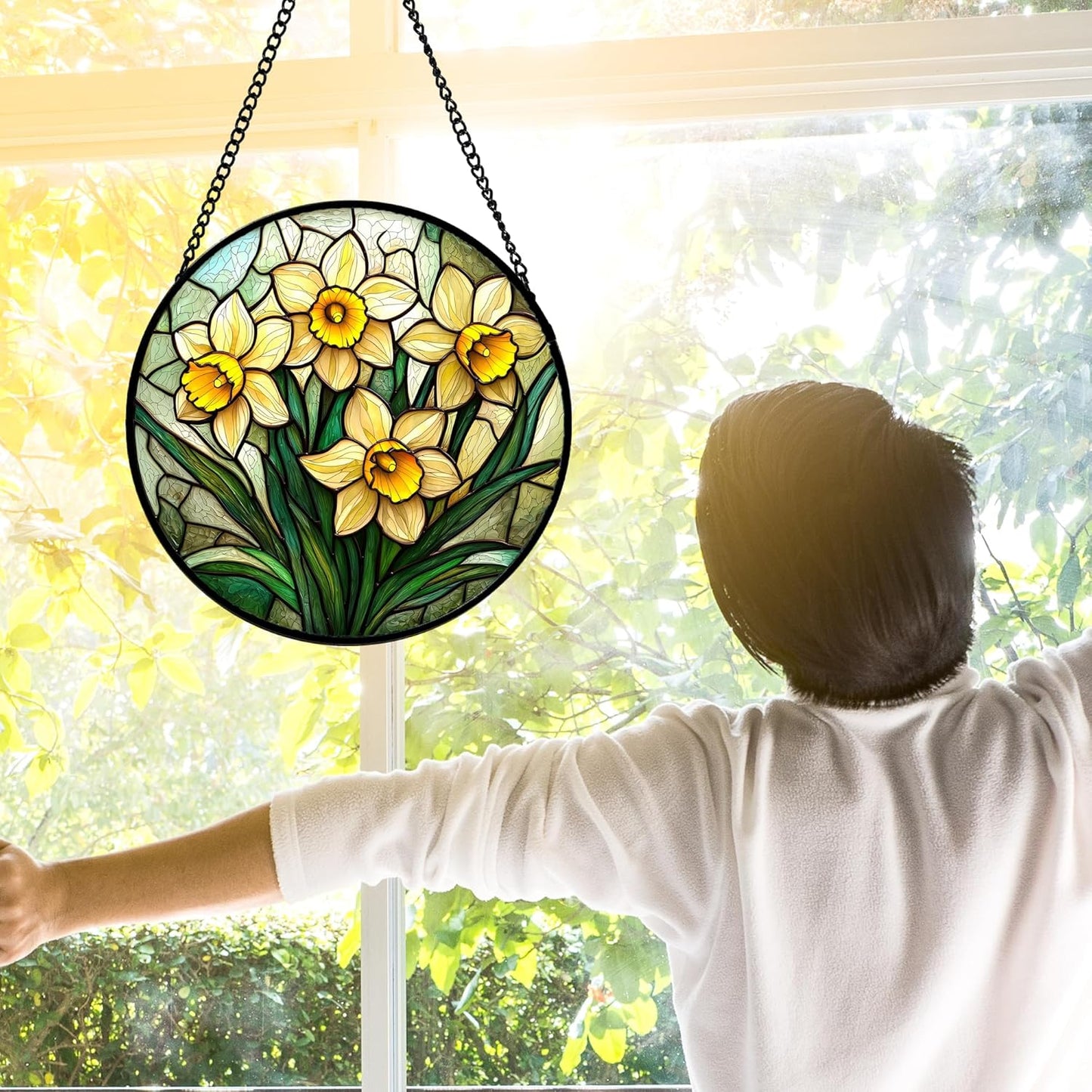 Stained Glass Window Hanging, Daffodil Plant Flowers Sun Catchers Diamond Glass Panel Hangings Suncatcher Decor for Birthday for Women, Men, Wife, Aunt, and Mom 6.3 in