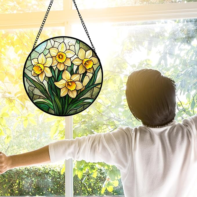 Stained Glass Window Hanging, Daffodil Plant Flowers Sun Catchers Diamond Glass Panel Hangings Suncatcher Decor for Birthday for Women, Men, Wife, Aunt,and Mom 9.8X9.8IN