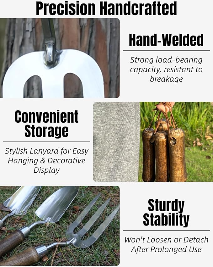 Garden Tool Set, 6PCS Heavy Duty Stainless Steel Gardening Hand Tools with Ropes, Including Trowel, Transplanter, 2-in-1 Hoe, Hand Fork, Hand Rake and Pruner, Ideal Gardening Gift for Man and Woman
