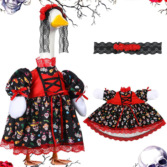 Suzile Halloween Goose Outfit Dresses Clothes for 23" Dia De Los Muertos Cement or Plastic Porch Goose Costume for Yard Lawn Outdoor Garden Patio Statue Halloween Holiday Decor