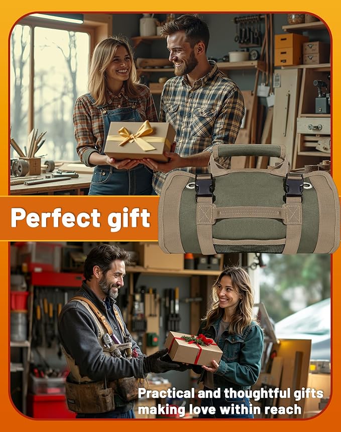 QcoQce Heavy Duty Oxford Tool Roll, Waterproof Durable Tool Bag with 6 Pockets, Tool Organizer for Garage, Vehicle Maintenance, Home Repairs, Portable Roll Up Tool Bag Gift for Men