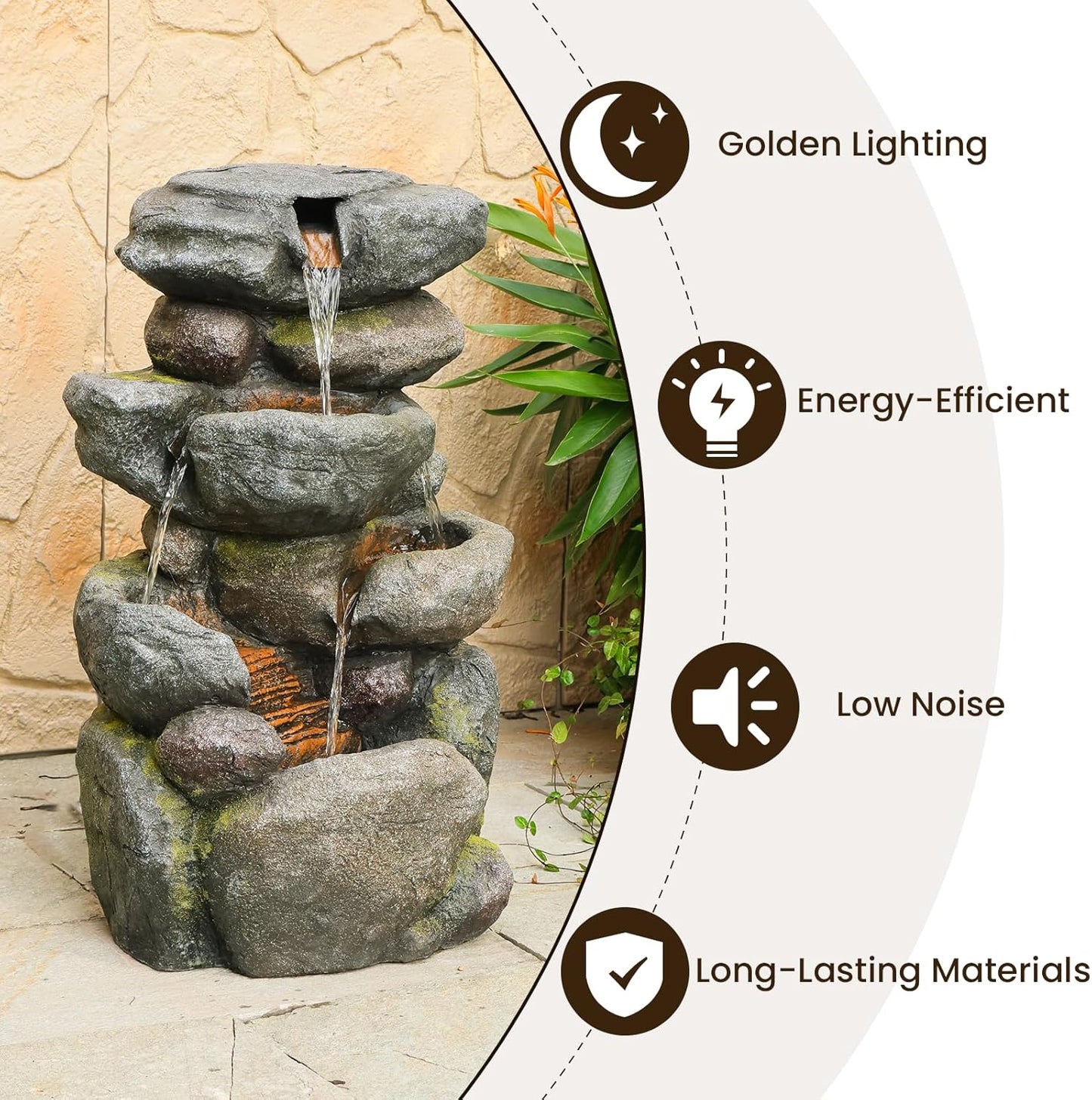 Outdoor Water Fountain 4-Tiers Rock Cascading Indoor Floor-Standing Resin Bubbler Fountain Features Garden, Patio, Yard, Lawn and Home Art Decor, 29“H