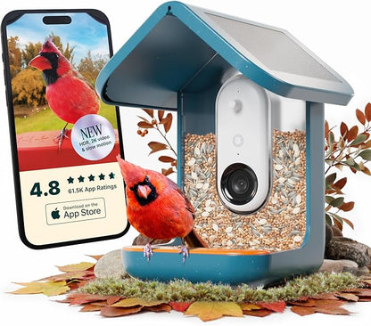Birdbuddy PRO Solar Smart Bird Feeder with Camera - AI Bird Species Identification, 5MP Photos, 2K HD Video Live Stream Camera, Slow-Motion Video, 2.6in Focus - Blue Solar