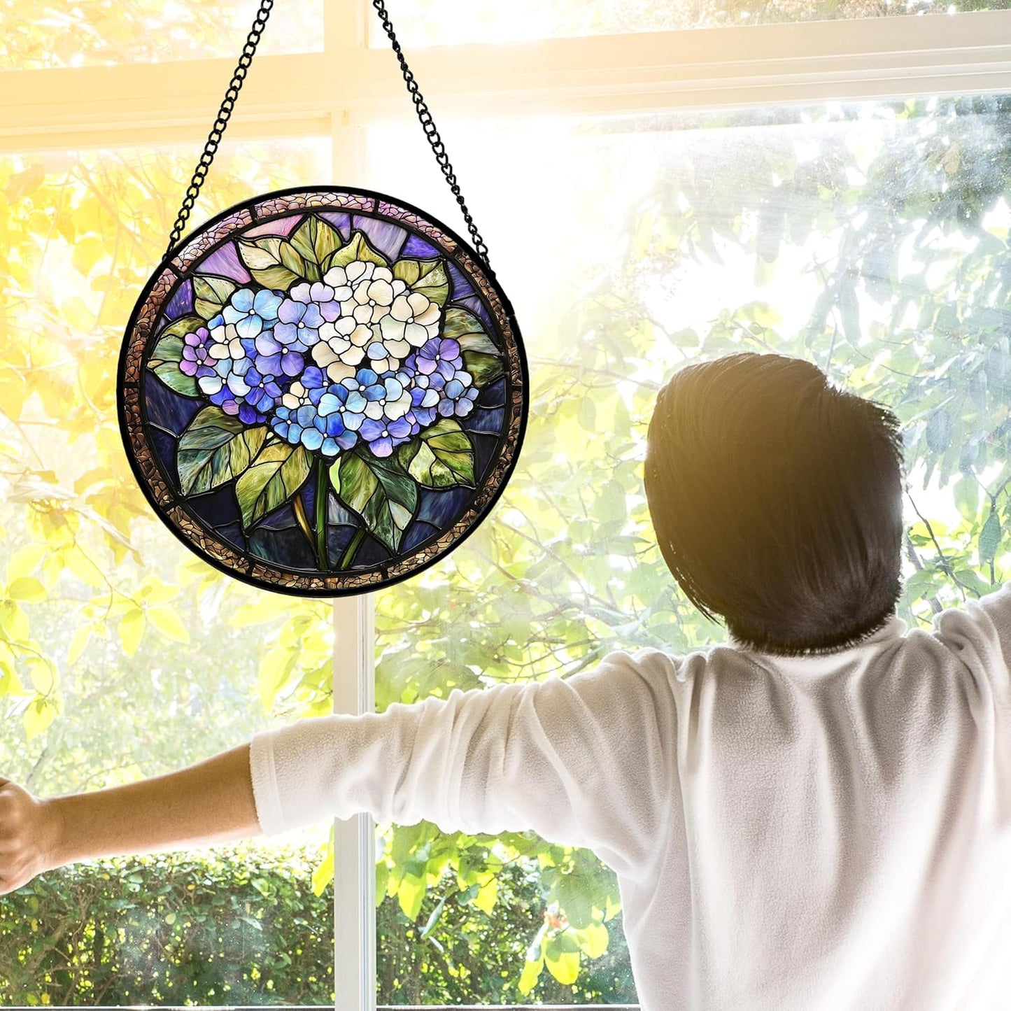 Stained Glass Window Hanging, Hydrangea Flowers Sun Catchers Diamond Glass Panel Hangings Plant Suncatcher Decor for Birthday for Women, Men, Wife, Aunt, and Mom 9.8 in