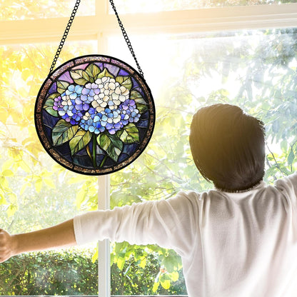 Stained Glass Window Hanging, Hydrangea Flowers Sun Catchers Diamond Glass Panel Hangings Plant Suncatcher Decor for Birthday for Women, Men, Wife, Aunt, and Mom 7.8 in