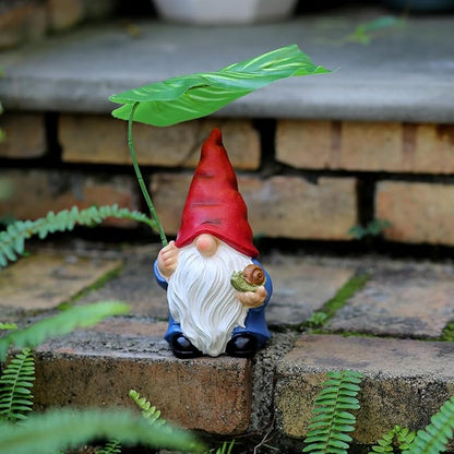 Garden Gnome Statue Decoration with Leaf Umbrella, 7.5” Figurine Ornament for Indoor Outdoor Home Patio Yard Lawn, for Gnome Lovers & Garden Enthusiasts，Mom，Women