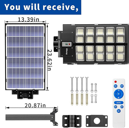 Ofuray Of-6000W Solar Street Lights Outdoor,400000Lm Solar Streets Light Parking Lot Lights Commercial Dusk to Dawn, 6500k Waterproof Led with Remote Control Motion for Street,Court,Barn