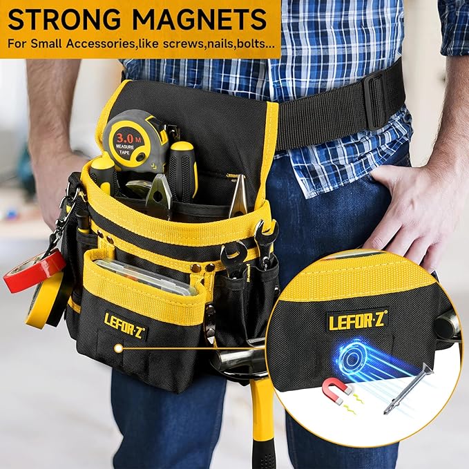 Tool Belt,Magnetic Tool Pouch,14-Pockets Tool Belts for Men,Detachable & Adjustable Tool Pouch belt for Electrician,Carpenter,Construction,Work Apron,Utility Belt,Black-Yellow
