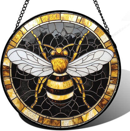 Stained Glass Window Hanging - Black Gold Bee White Wings Sun Catcher for Door Home Decor Insect Suncatcher Christmas Mother's Day Birthday Gifts for Women Men Lovers Mom Nana 11.8 in