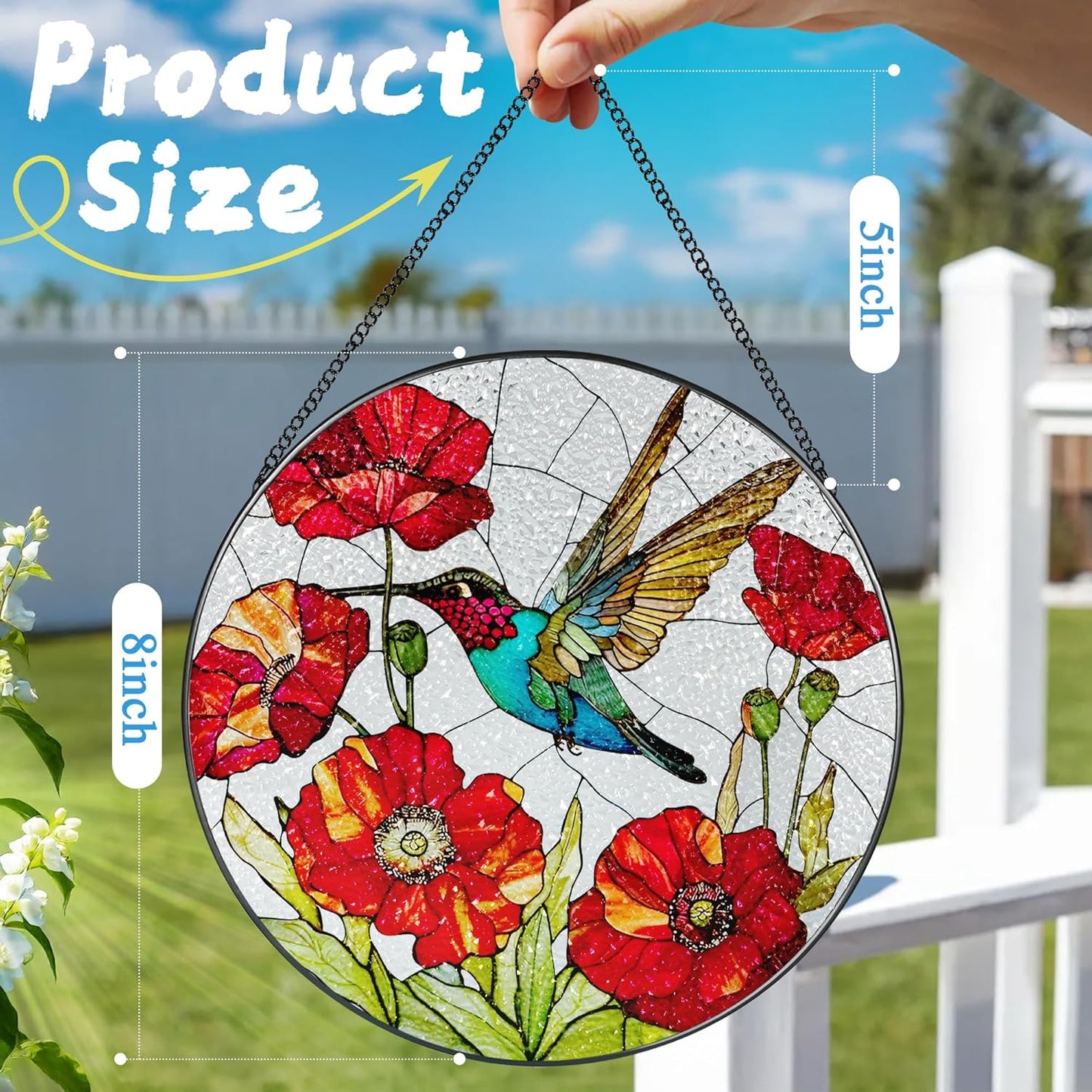 Stained Glass Window Hanging, 8 Inch Hummingbird Stained Glass Suncatcher, Sun Catcher Indoor Window, Hummingbird Decor, Gifts for Mom, Gifts for Grandma, Mothers Day, Christmas, Birthday Gift