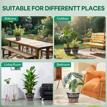Uneed 10 Inch Whiskey Barrel Planter Pots, 4 Pack Plastic Flower Pots with Drainage Holes & Saucers, Retro Outdoor Pots for Plants, Patio, Lawn Decor (Brown)