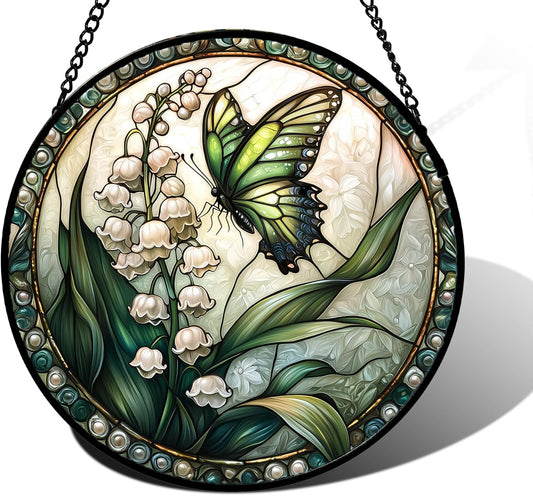 Stained Glass Window Hanging, Lily of The Valley Flower Butterfly Suncatcher for Doors Home Sun Catchers Decoration and Christmas, Mother's Day Birthday Gifts for Women, Men, Mom 9.8 in