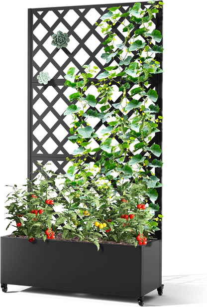 Metal Planter Box with Trellis & Wheels, Raised Garden Bed with Privacy Screen, Outdoor Standing Flower Beds with Drainage Hole for Climbing Plants, Vine, 35.4" L x 15.7" W x 70.9" H, Black